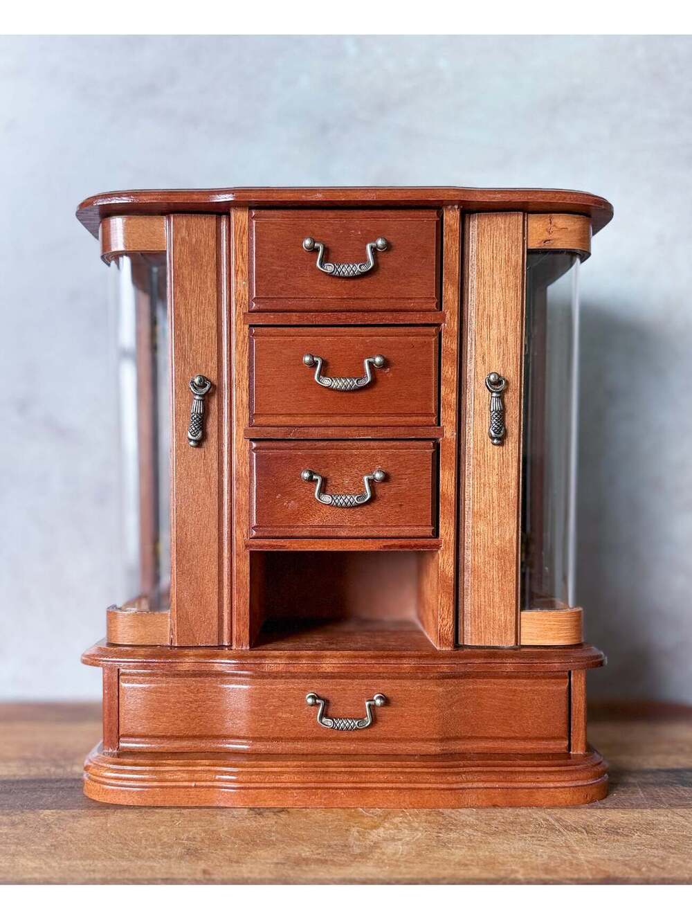Vintage Wood Jewelry Armoire | Curved Acrylic Doors, Necklace Pegs, 1980s-90s